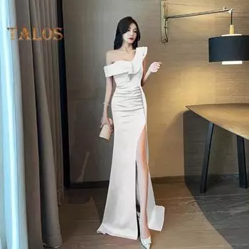 Женское вечернее платье с открытыми плечами и V-образным вырезом с рюшами и рукавами-шалью с высоким разрезом Чистый цвет Slim Fit Оболочка Большой подол Полная длина Свадебный коктейль Выпускной вечер S чёрный