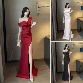 Женское вечернее платье с открытыми плечами и V-образным вырезом с рюшами и рукавами-шалью с высоким разрезом Чистый цвет Slim Fit Оболочка Большой подол Полная длина Свадебный выпускной банкетный банкет Макси-платье S чёрный