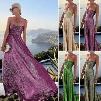 Женское вечернее платье с открытыми плечами и открытой спиной, без рукавов, бронзовое бандо, с высокой талией, плиссированное для выпускного вечера M серебряный