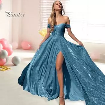 Женское вечернее платье с открытыми плечами-бандо без спинки без рукавов с открытой спиной и блестящими пайетками с разрезом подол трапециевидной формы, большие качели, платье для выпускного вечера, макси-платье, бальное платье S фиолетовый