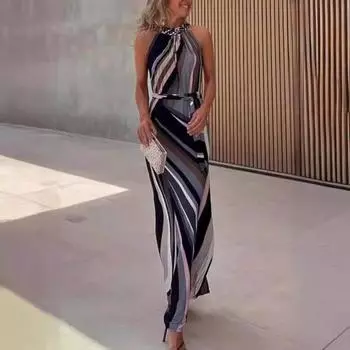 Женское вечернее платье с открытыми плечами, без рукавов, в тон, с геометрическим принтом, на шнуровке, с тонкой талией, с лямкой на шее, облегающее плиссированное платье макси для выпускного вечера S