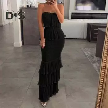 Женское вечернее платье с открытыми плечами, бандо без рукавов, с открытой спиной, плиссированные, с рюшами, эластичное, облегающее, сплошное, для коктейля, банкета, выпускного вечера, макси-платье S чёрный