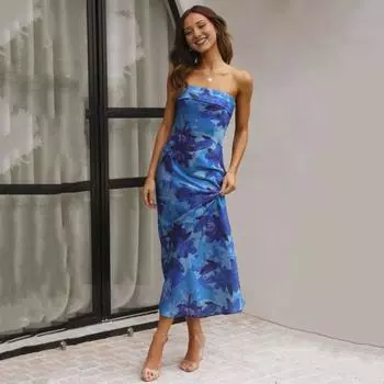 Женское вечернее платье с открытыми плечами и открытой спиной Бандо без рукавов с цветочным принтом Slim Fit Коктейль для выпускного вечера M темно-зеленого