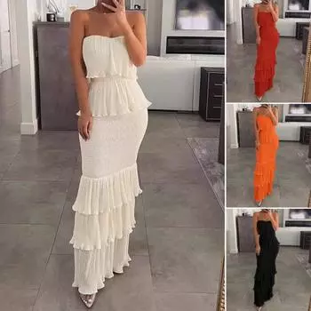 Женское вечернее платье с открытыми плечами, бандо, без рукавов, с открытой спиной, плиссированное, с рюшами, эластичное, облегающее, сплошное, для коктейля, банкета, выпускного вечера, макси-платье L светло-бежевый