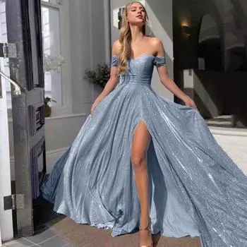 Женское вечернее платье с открытыми плечами-бандо без спинки без рукавов с открытой спиной и блестящими пайетками с разрезом подол трапециевидной формы, большие качели, платье для выпускного вечера, макси-платье, бальное платье L синий