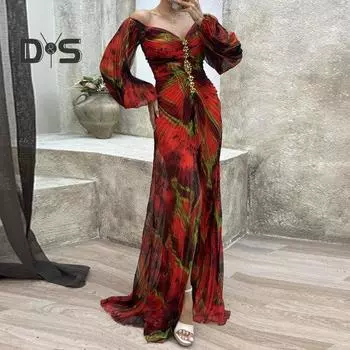 Женское вечернее платье с открытыми плечами, декорированное стразами, плиссированное, длинное, с рукавами-фонариками, с разрезом по низу, с высокой талией, с принтом, длиной до пола, для выпускного, банкета, вечеринки, макси S зелёный