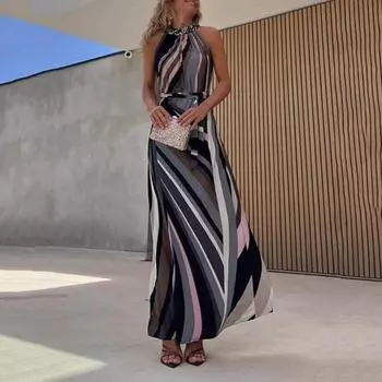 Женское вечернее платье с открытыми плечами, без рукавов, в тон, с геометрическим принтом, на шнуровке, с тонкой талией, с бретелькой на шее, облегающее плиссированное платье макси S