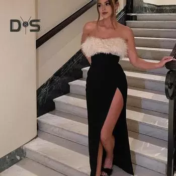 Женское вечернее платье с открытыми плечами, без рукавов, без спинки, без воротника, бандо, пушистый искусственный мех, декор, разрез сбоку, коктейльное вечернее платье-макси, выпускной, топ-платье S чёрный