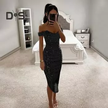 Женское вечернее платье с открытыми плечами, без рукавов, с открытыми плечами, облегающее, с пайетками, неровным подолом, длиной до икры, с глубоким вырезом, для выпускного, свадьбы, вечеринки, официального случая, миди S чёрный