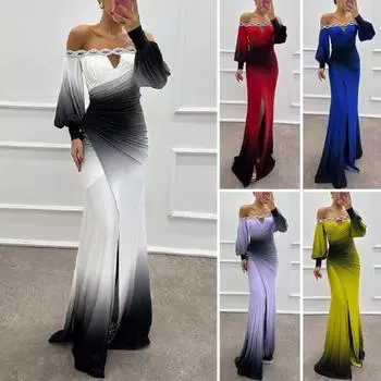 Женское вечернее платье с открытыми плечами, ажурное свадебное платье со стразами, обтягивающее плиссированное выпускное платье макси с длинными рукавами-фонариками и разрезом по низу, бальное платье S