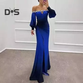 Женское вечернее платье с открытыми плечами, ажурное свадебное платье со стразами, обтягивающее плиссированное выпускное платье макси с длинными рукавами-фонариками, разрезом по низу, контрастный цветной шар S фиолетовый