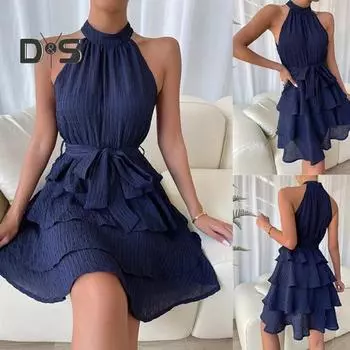 Женское вечернее платье с открытыми плечами, без рукавов, с халтер-воротником, с оборками, А-силуэтом, свободным подолом, однотонное, с поясом, обтягивающей талией, длиной до колена, платье миди S синий