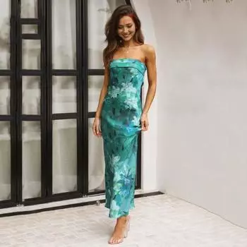 Женское вечернее платье с открытыми плечами и открытой спиной-бандо без рукавов с цветочным принтом, облегающее платье для выпускного вечера, коктейльное платье макси M темно-зеленого