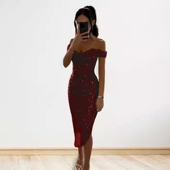 Женское вечернее платье с открытыми плечами, без рукавов, с открытыми плечами, облегающее, с пайетками, неровным подолом, длиной до икры, с глубоким вырезом, для выпускного, свадебного, торжественного, вечернего, вечернего, миди-платья S темно-синий