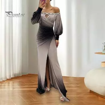 Женское вечернее платье с открытыми плечами, ажурное свадебное платье со стразами, обтягивающее плиссированное выпускное платье макси с длинными рукавами-фонариками, разрезом по низу, контрастный цветной шар S синий