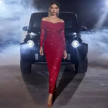 Женское вечернее платье с открытыми плечами, длинными рукавами, сетчатое, пэчворк, плиссированное, крестообразное, бандо, облегающее XL белый