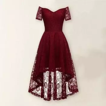 Женское вечернее платье с открытыми плечами, цветочное кружево, нерегулярное платье с высоким низким подолом, V-образным вырезом и коротким рукавом, сплошное цветное свадебное коктейльное вечернее платье L вино красного