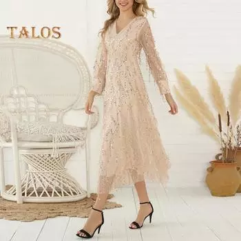 Женское вечернее платье с пайетками, кисточками, V-образным вырезом, длинными рукавами, А-силуэтом, плиссированным двухслойным платьем с тонкой талией и регулируемыми бретелями для свадебного коктейля S чёрный