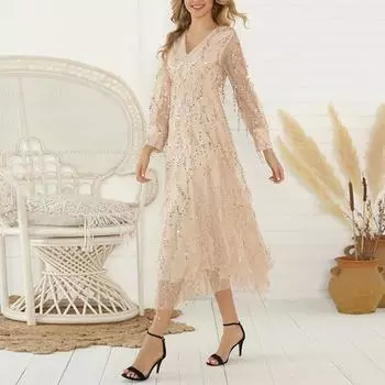 Женское вечернее платье с пайетками, кисточками, V-образным вырезом, длинными рукавами, А-силуэтом, плиссировкой, двухслойное S чёрный