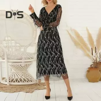 Женское вечернее платье с пайетками, кисточками, V-образным вырезом, длинными рукавами, А-силуэтом, плиссированным двухслойным платьем с тонкой талией и регулируемыми бретелями для свадебного коктейля S абрикосовый