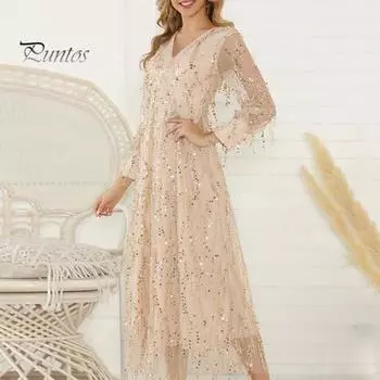 Женское вечернее платье с пайетками, кисточками, V-образным вырезом, длинными рукавами, А-силуэтом, плиссированным двухслойным платьем с тонкой талией и регулируемыми бретелями для свадебного коктейля S абрикосовый