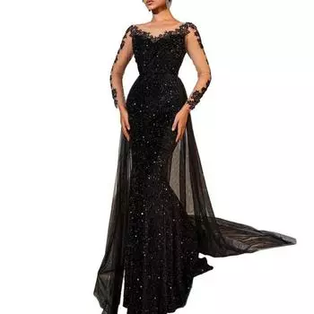 Женское вечернее платье с пайетками, кружевное платье-макси в обтяжку с длинным рукавом, блестящее платье в пол L чёрный