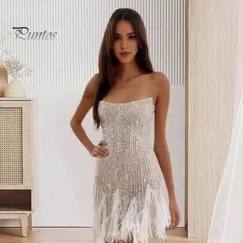 Женское вечернее платье с пайетками, пушистым меховым декором, без рукавов, с открытыми плечами, облегающее, с открытой спиной, выпускное, банкетное, мини-платье, свадебное, платье невесты L белый