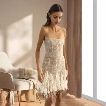 Женское вечернее платье с пайетками, пушистым меховым декором, без рукавов, с открытыми плечами, облегающее, с открытой спиной, для выпускного, банкета, мини XL белый