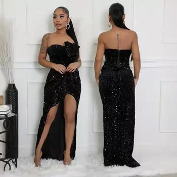 Женское вечернее платье с пайетками, сексуальное платье без бретелек, нестандартное платье S чёрный