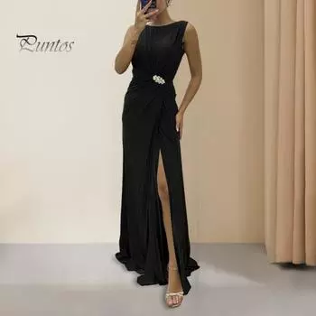 Женское вечернее платье с плиссировкой и разрезом по низу, длиной до пола, однотонное, со стразами, без рукавов, с круглым вырезом, с высокой талией, со стразами, для выпускного вечера, коктейльной вечеринки S зелёный/жёлтый