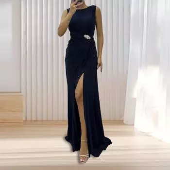 Женское вечернее платье с плиссировкой и разрезом по низу, длина до пола, однотонное, со стразами S темно-синий