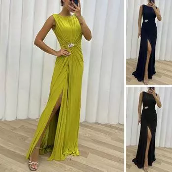 Женское вечернее платье с плиссировкой и разрезом по низу, длина до пола, однотонное, со стразами, без рукавов S темно-синий