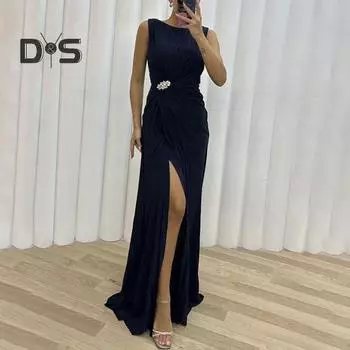 Женское вечернее платье с плиссировкой и разрезом по низу, длиной до пола, однотонное, со стразами, без рукавов, с круглым вырезом, с высокой талией, со стразами, для выпускного вечера, коктейльной вечеринки S чёрный