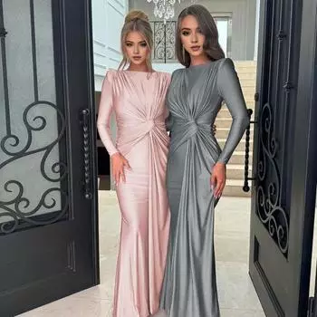 Женское вечернее платье с плиссировкой и декором в виде узла, облегающее, с круглым вырезом и молнией сзади S серый