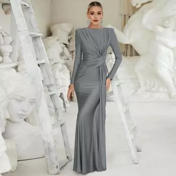 Женское вечернее платье с плиссировкой и декором в виде узла, облегающее, с круглым вырезом и молнией сзади S розовый