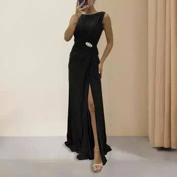 Женское вечернее платье с плиссировкой и разрезом по низу, длиной до пола, однотонное, без рукавов, с круглым вырезом, с высокой талией, со стразами, выпускное платье макси S