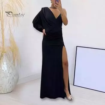 Женское вечернее платье с плиссировкой, высоким разрезом, глубоким V-образным вырезом, мешковатое асимметричное платье длиной до пола, одно плечо, макси-платье, бальное платье для коктейльной вечеринки, банкетное платье 2XL красный