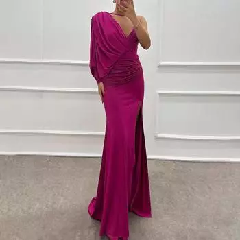 Женское вечернее платье с плиссировкой, высоким разрезом, глубоким V-образным вырезом, мешковатый асимметричный дизайн XL королевский синий