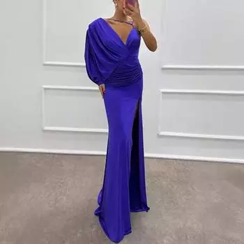 Женское вечернее платье с плиссировкой, высоким разрезом, глубоким V-образным вырезом, мешковатое асимметричное платье длиной до пола, одно плечо, макси-платье, бальное платье для коктейльной вечеринки, банкетное платье 2XL пурпурно красный