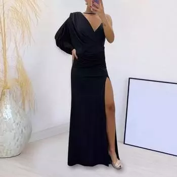 Женское вечернее платье с плиссировкой, высоким разрезом, глубоким V-образным вырезом, мешковатое асимметричное платье длиной до пола, одно плечо, макси-платье, бальное платье для коктейльной вечеринки, банкетное платье 2XL