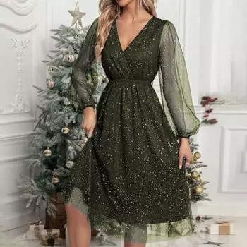 Женское вечернее платье с прозрачными сетчатыми рукавами и V-образным вырезом с высокой узкой талией, облегающее, двухслойное, длиной до колена, блестящее, пудровое, плиссированное, для выпускного вечера, миди-платье S армия зеленый
