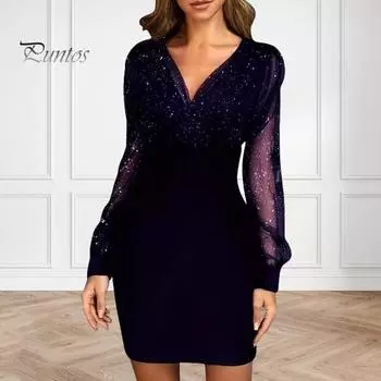 Женское вечернее платье с прозрачными сетчатыми рукавами и V-образным вырезом, плиссированное, с высокой талией, однотонное, в стиле ретро, в стиле пэчворк, блестящее мини-платье для выпускного вечера M чёрный