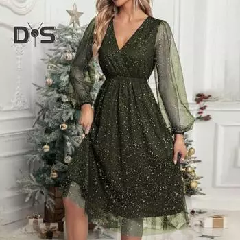 Женское вечернее платье с прозрачными сетчатыми рукавами, V-образным вырезом, высокой талией, облегающим кроем, двухслойное, длиной до колена, блестящее, плиссированное, миди, для выпускного вечера L чёрный