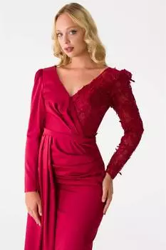 Женское вечернее платье с разрезом и рукавами Бордовый Красный ETM