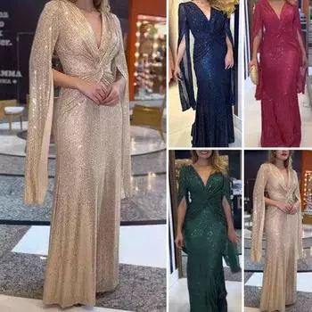 Женское вечернее платье с разрезом на рукавах, глубокий V-образный вырез, блестящие пайетки, облегающее, с узкой талией и узлом, плиссированное, полная длина, сплошной цвет, женское платье для выпускного банкета, макси M зелёный