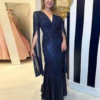 Женское вечернее платье с разрезом на рукавах, глубокий V-образный вырез, блестящие пайетки, облегающее, с узкой талией и узлом, плиссированное, полная длина, сплошной цвет, женское платье для выпускного банкета, макси L зелёный