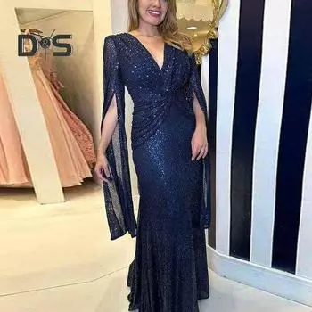 Женское вечернее платье с разрезом на рукавах, глубокий V-образный вырез, блестящие пайетки, облегающее, с узкой талией и узлом, плиссированное, полная длина, сплошной цвет, женское платье для выпускного банкета, макси L зелёный