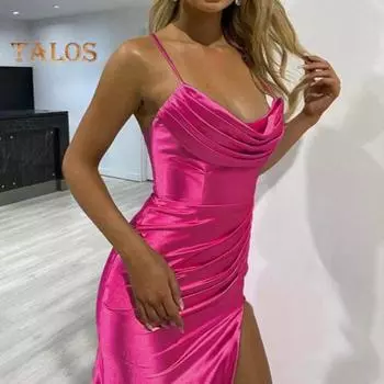 Женское вечернее платье с разрезом по бокам, плиссированное, с открытой спиной, облегающее платье макси на тонких бретельках, с глубоким вырезом, без рукавов, платье-комбинация А-силуэта для свадебного банкета S абрикосовый