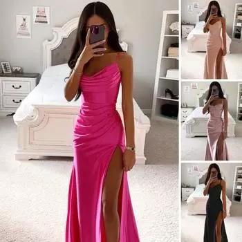 Женское вечернее платье с разрезом по бокам, плиссированное, с открытой спиной, облегающее платье макси на тонких бретельках, с глубоким вырезом, без рукавов, платье-комбинация А-силуэта для свадебного банкета S абрикосовый