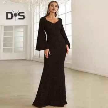 Женское вечернее платье с рукавами-колокольчиками, пайетками, А-силуэта, облегающего кроя, глубоким вырезом, V-образным вырезом, макси-платье со средней талией и застежкой-молнией сзади, выпускное платье S золотистый